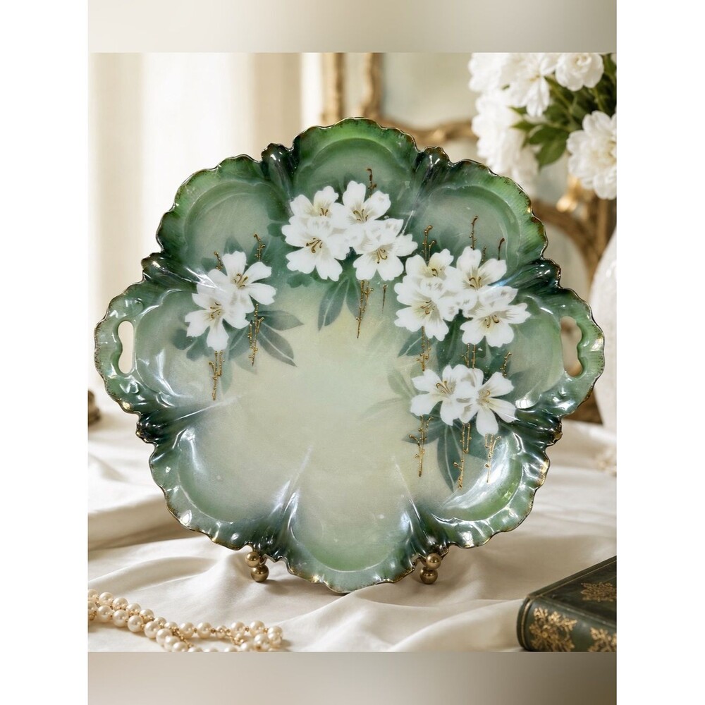 VTG RS Germany Handled Floral Serving Cake Tray Green White Gold Cherry Blossoms